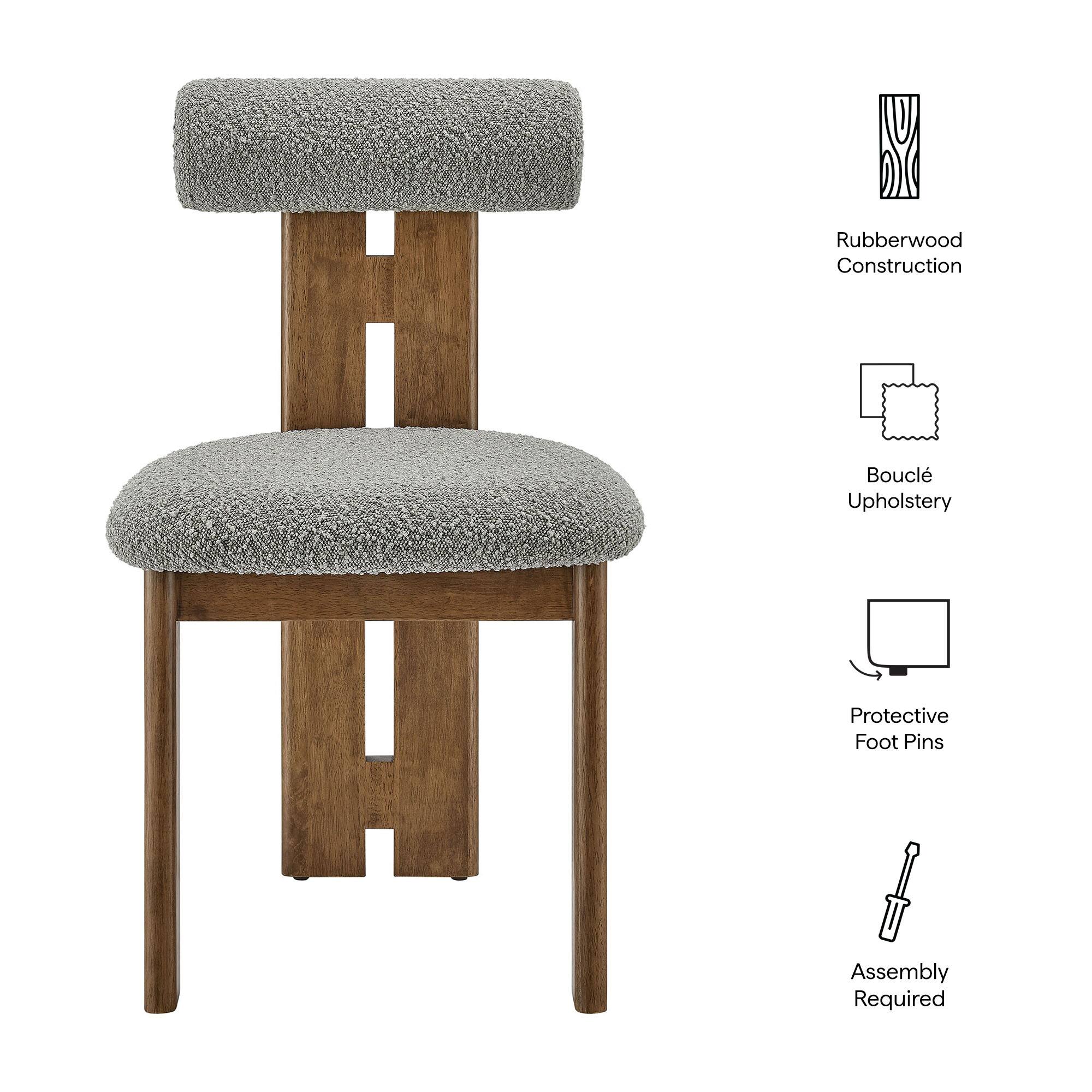 - Rubberwood Construction
- Bouclé Upholstery
- Protective Foot Pins
- Assembly Required