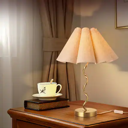 Front. Luckbyte - Gold Modern Scalloped Pleated Table Lamp for Bedside Nightstand Kitchen Counter - Beige.