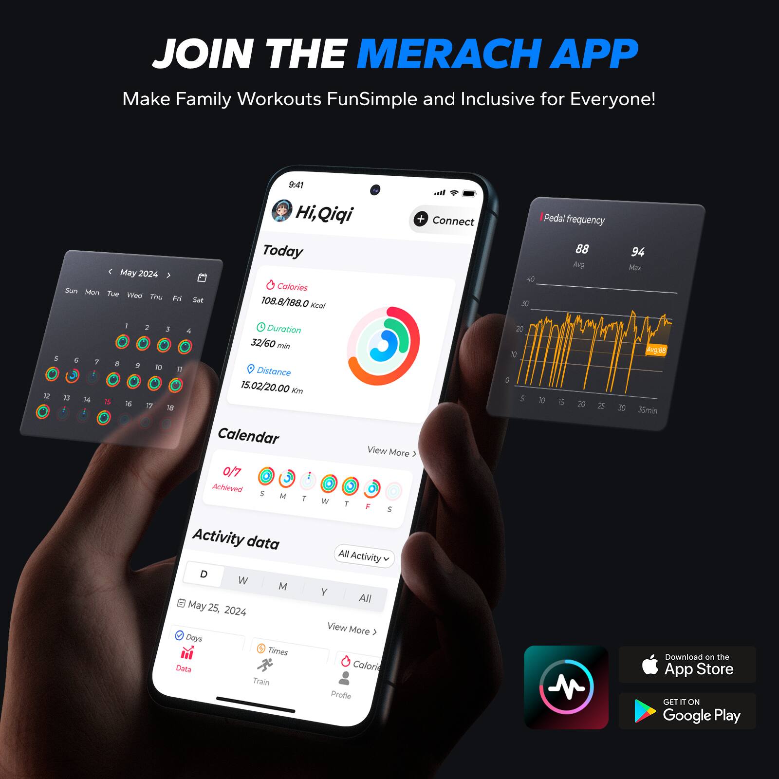 JOIN THE MERACH APP  
Make Family Workouts FunSimple and Inclusive for Everyone!  

9:41 - May 2024  
Hi, Qiqi  

Today  
Calories: 108.8/188.0 kcal  
Duration: 32/60 min  
Distance: 15.02/20.00 Km  

Calendar: 0/7 Achieved  

Activity data  
May 25, 2024  

Pedal Frequency  
Avg: 88  
Max: 94  

Download on the App Store  
GET IT ON Google Play