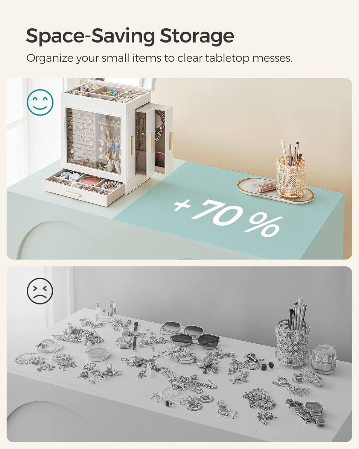 Space-Saving Storage  
Organize your small items to clear tabletop messes.  

+70%