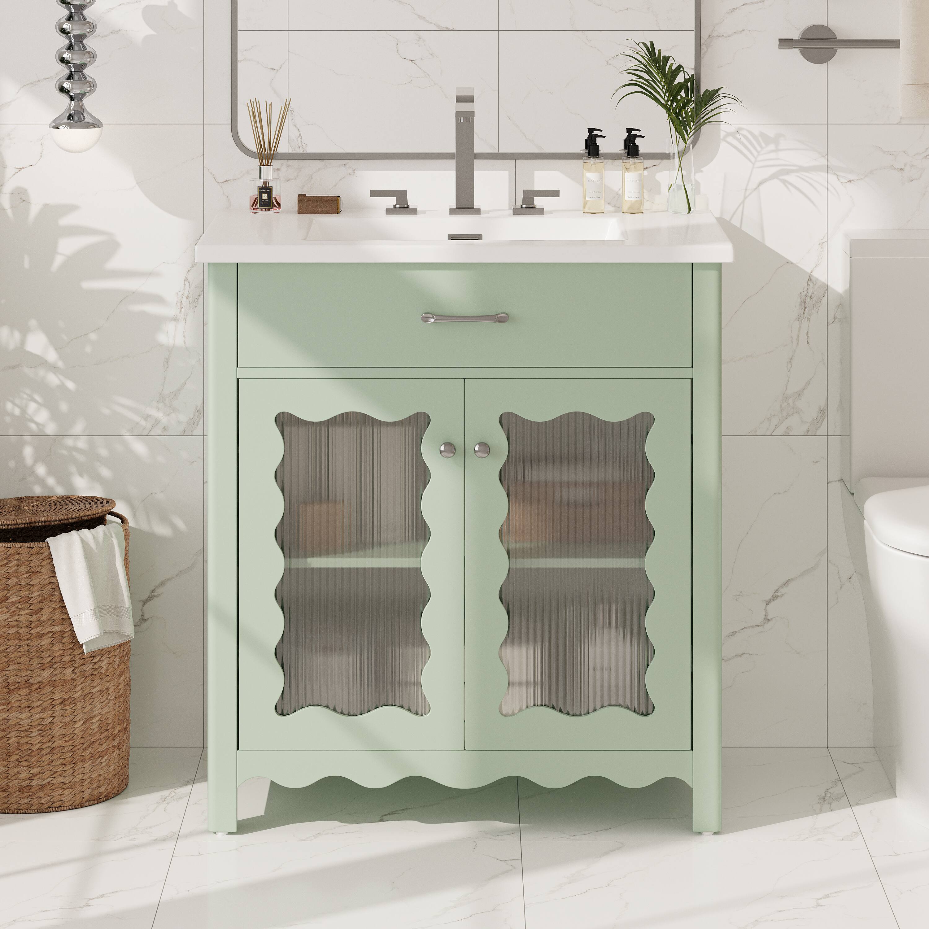 Left. Loheer - 2.58 ft Bathroom Vanity with Tempered Glass, Soft Close Doors and Rubber Wood Legs - Green.