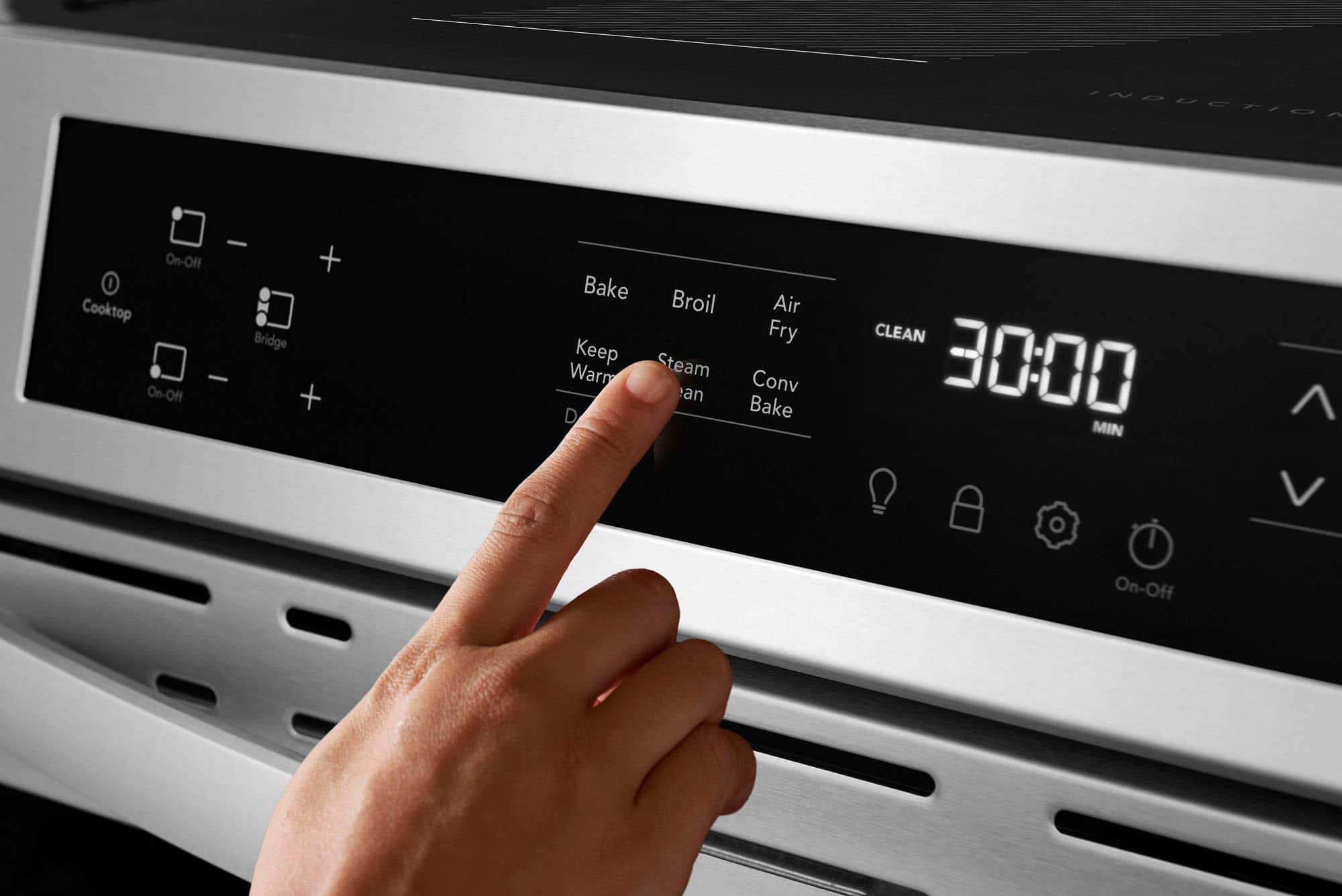 The text on the image reads: "Induction - On-Off + I Cooktop Bridge - On-Off + Bake Broil Keep Steam Warm and Air Fry Convection Bake 30:00 Min I On-Off."