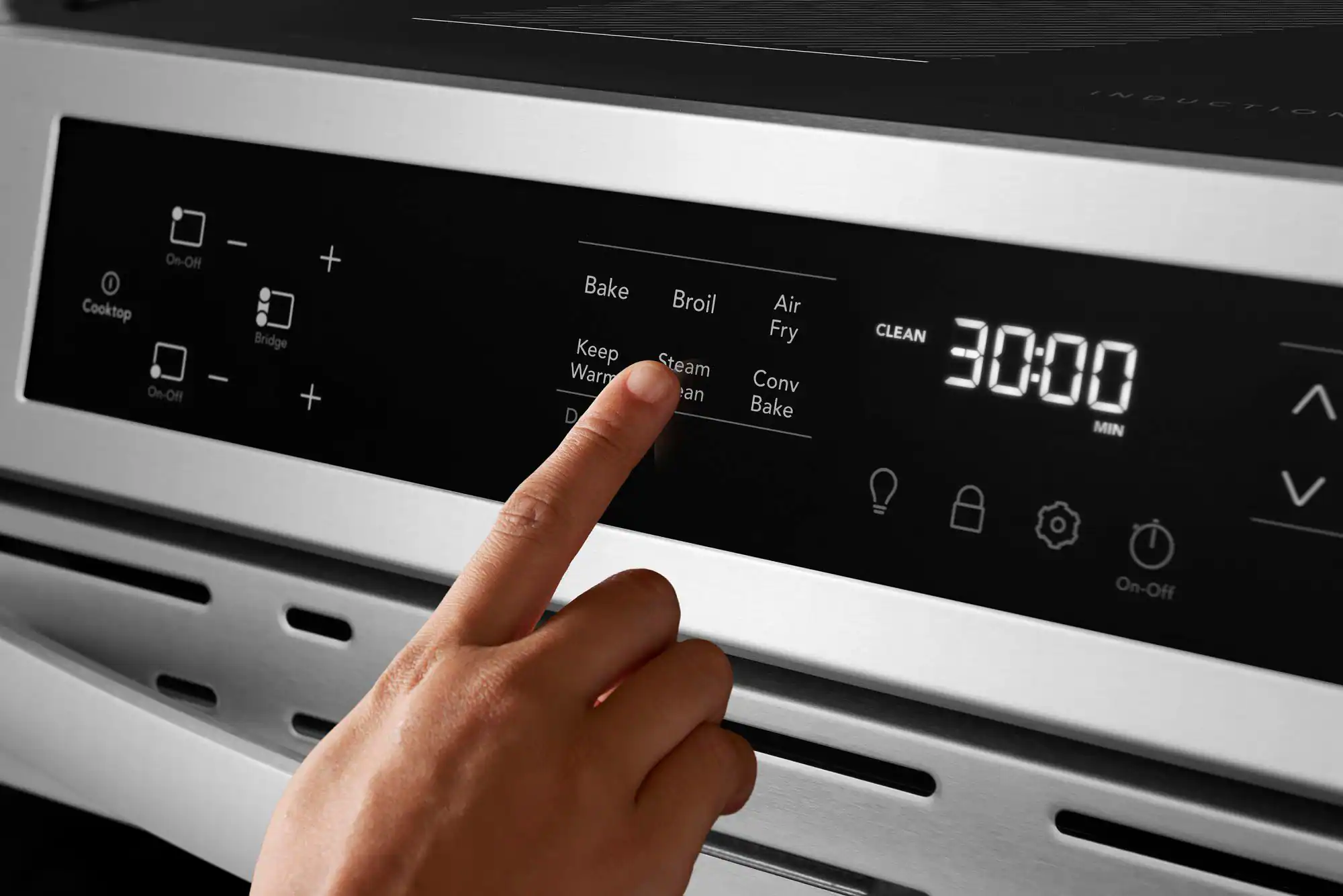 The text on the image reads: "Induction - On-Off + I Cooktop Bridge - On-Off + Bake Broil Keep Steam Warm and Air Fry Convection Bake 30:00 Min I On-Off."