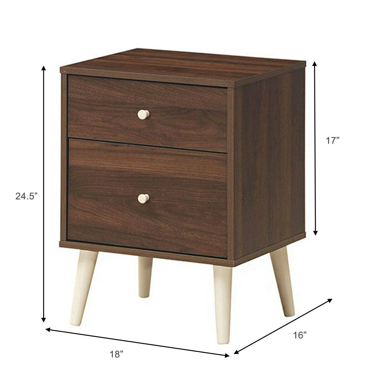 The dimensions of the nightstand are:

- Height: 24.5 inches
- Width: 18 inches
- Depth: 16 inches
- Height of the top: 17 inches