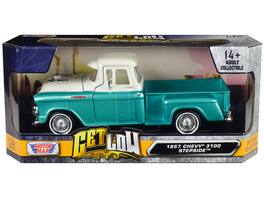 Motormax - 1957 Chevrolet 3100 Stepside Pickup Lowrider Turquoise Metallic White White Interior Get Low Series 1/24 - Metallic And White
