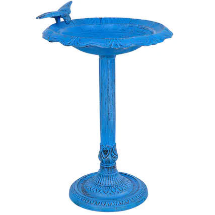 Front. Sunnydaze - Garden Visitor Metal Bird Bath - 22.75 in - Blue Patina.