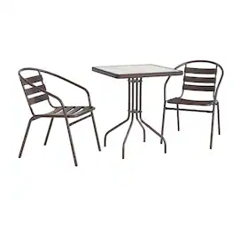 Flash Furniture - Lila 23.5'' Square Glass Top Metal Table with 2 Bronze Aluminum Slat Stack Chairs - Brown