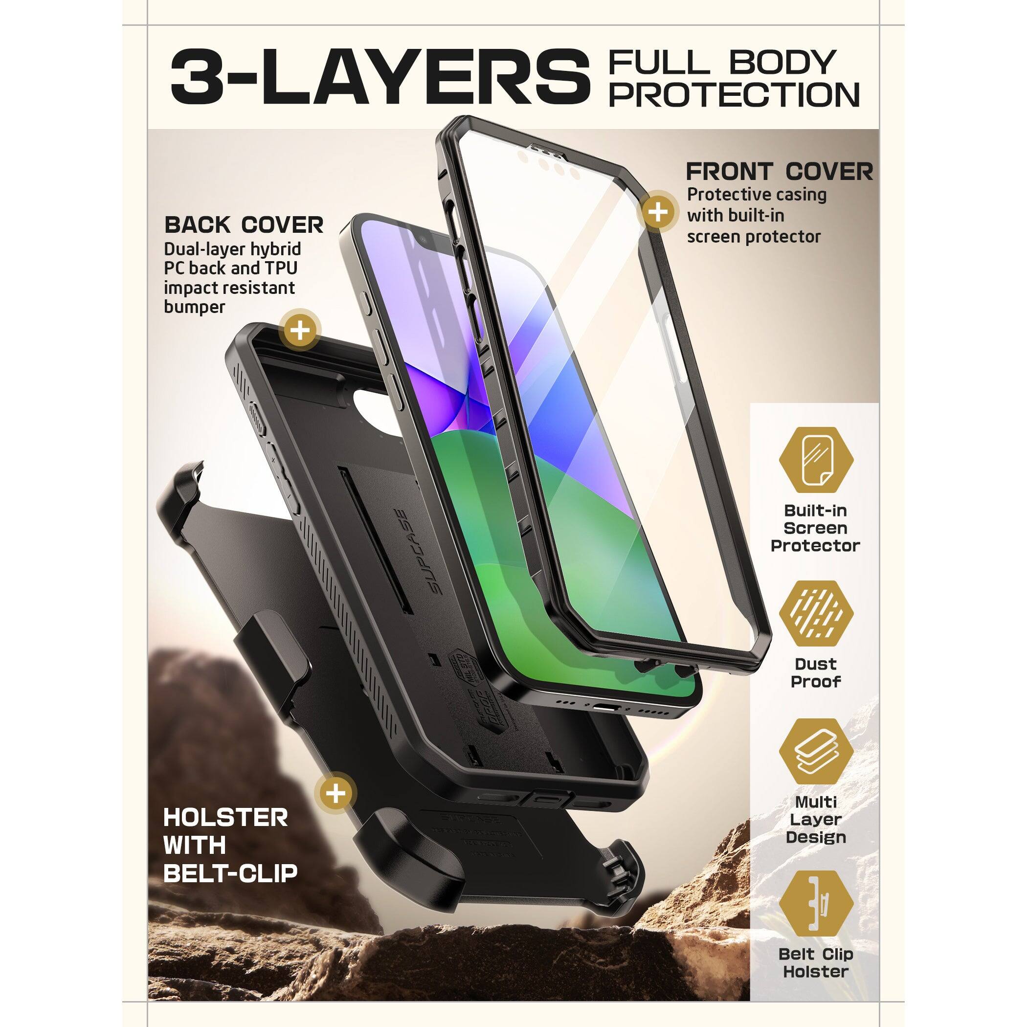 3-LAYERS FULL BODY PROTECTION

BACK COVER
Dual-layer hybrid PC back and TPU impact resistant bumper

FRONT COVER
Protective casing with built-in screen protector

HOLSTER WITH BELT-CLIP

Built-in Screen Protector
Dust Proof
Multi Layer Design
Belt Clip Holster