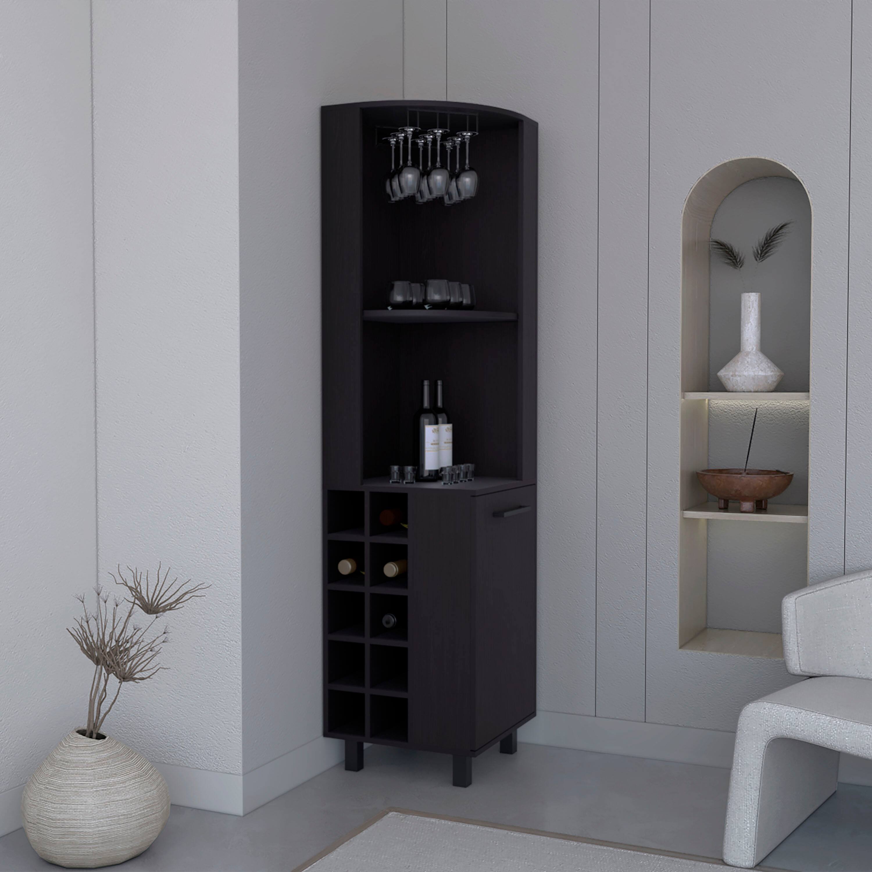 Angle. TuHome - Kaia Tall Corner Bar Cabinet with Four Shelves, Ten Wine Bottle Cubbies and Stemware - Black.