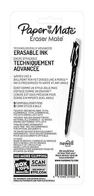 Paper Mate Eraser Mate  
TECHNOLOGICALLY ADVANCED ERASABLE INK  
ENCRE EFFACABLE TECHNIQUEMENT ADVANCEE  

WRITES LIKE A BALLPOINT PEN YET ERASES LIKE A PENCIL*  
ECRIT COMME UN STYLO-BILLE MAIS SESTACE COMME UN CRAYON  
INK IS PRESSURIZED TO WRITE AT ANY ANGLE  
LINCRE EST SOUS PRESSION POUR ECRITRE A N'IMPORTE QUEL ANGLE  

5 10MM BALLPOINT PENS  
5 LOMM STYLOS A BILLE  

NO MORE CLIPPING  
SCAN YOUR RECEIPT AT BOXTOPTOPS.EDUCATION/BTFE.COM  

newell  
We would love to hear from you  
www.papermate.com  

49540 51555