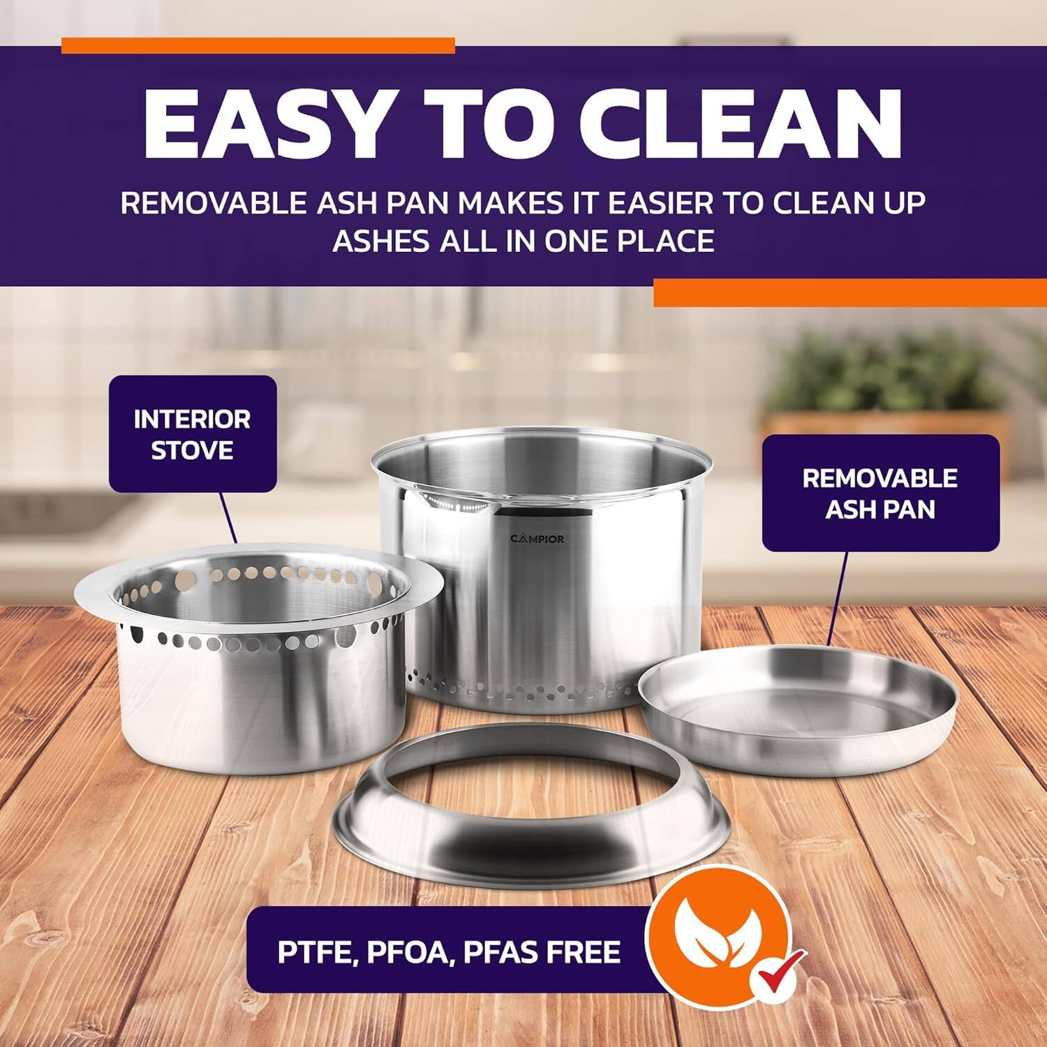 EASY TO CLEAN, REMOVABLE ASH PAN MAKES IT EASIER TO CLEAN UP ASHES ALL IN ONE PLACE, INTERIOR STOVE, REMOVABLE ASH PAN, PTFE, PFOA, PFAS FREE