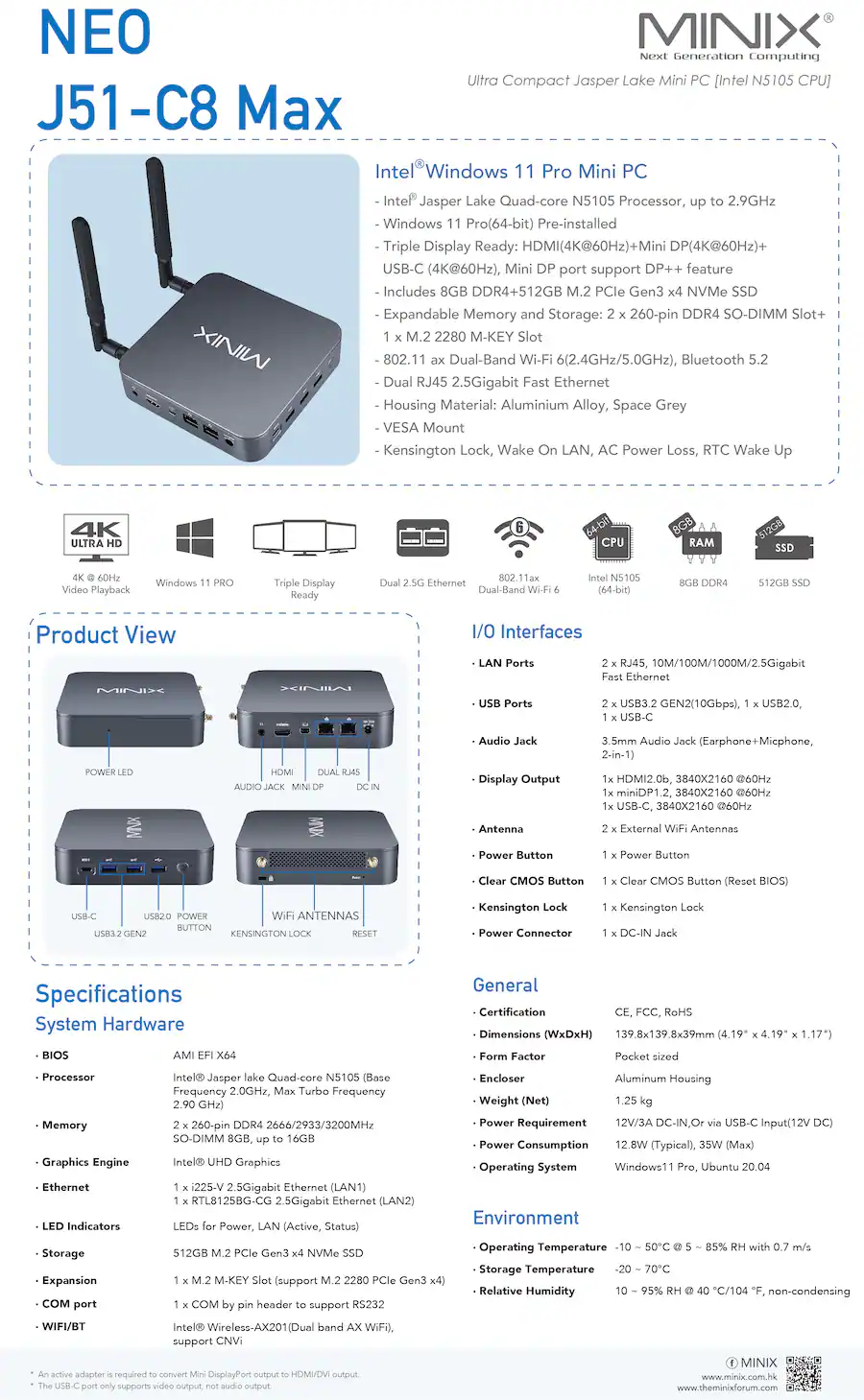 J51 MINIX J51 C8 Max Mini PC, 8GB/512GB M.2 PCIe NVMe SSD Windows 11 Pro ...