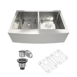Boyel Living - 33 in. Farmhouse/Apron-Front Double Bowl 18 Gauge Stainless Steel Kitchen Sink with Bottom Grids and Strainer Basket - Silver