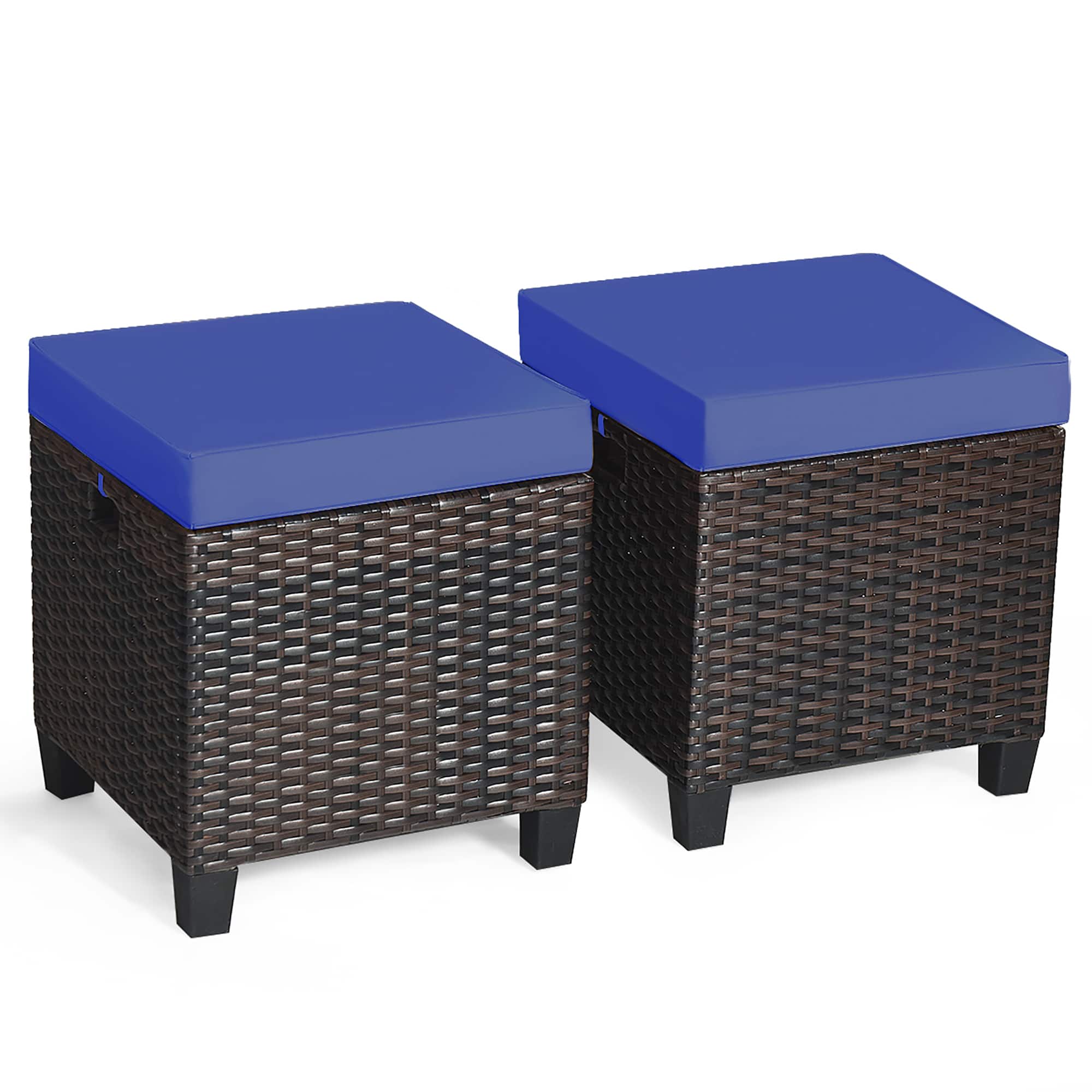Angle. Costway - 2PCS Patio Rattan Ottoman Cushioned Seat Foot Rest Coffee Table - Navy.