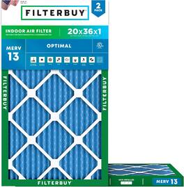 Filterbuy - 20x36x1 MERV 13 Smoke & Allergy Defense, Electrostatic Pleated HVAC AC Furnace Air Filters Replacement (2-Pack) - Blue