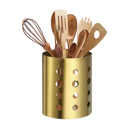 Front. Unique Bargains - Kitchen Utensil Holder, 4.6"x5.5" Oval Stainless Steel with Drain Hole for Straw Spoon Chopstick - Gold.
