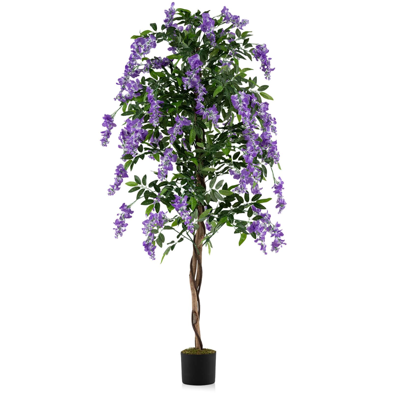 Costway - 6 FT Artificial Wisteria Tree Set of 1 with Natural Trunks Purple Lifelike Flowers for Porch - Purple+Natural+Black