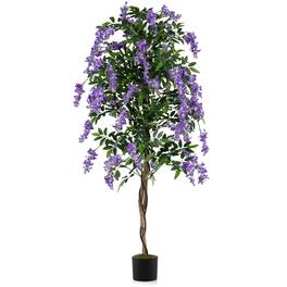 Costway - 6 FT Artificial Wisteria Tree Set of 1 with Natural Trunks Purple Lifelike Flowers for Porch - Purple+Natural+Black