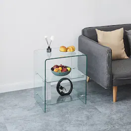 Loheer - Tempered Glass Side Table Sofa Table Transparent End Table Bent Glass Couch Desk for Living Room - Clear