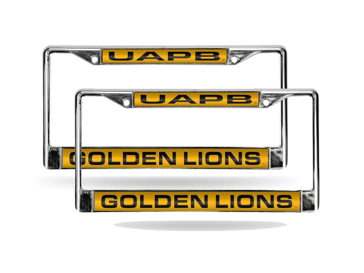 Rico Industries - Arkansas Pine Bluff Golden Lions (Set of 2) Chrome Metal Laser Cut License Plate Frame - Multi