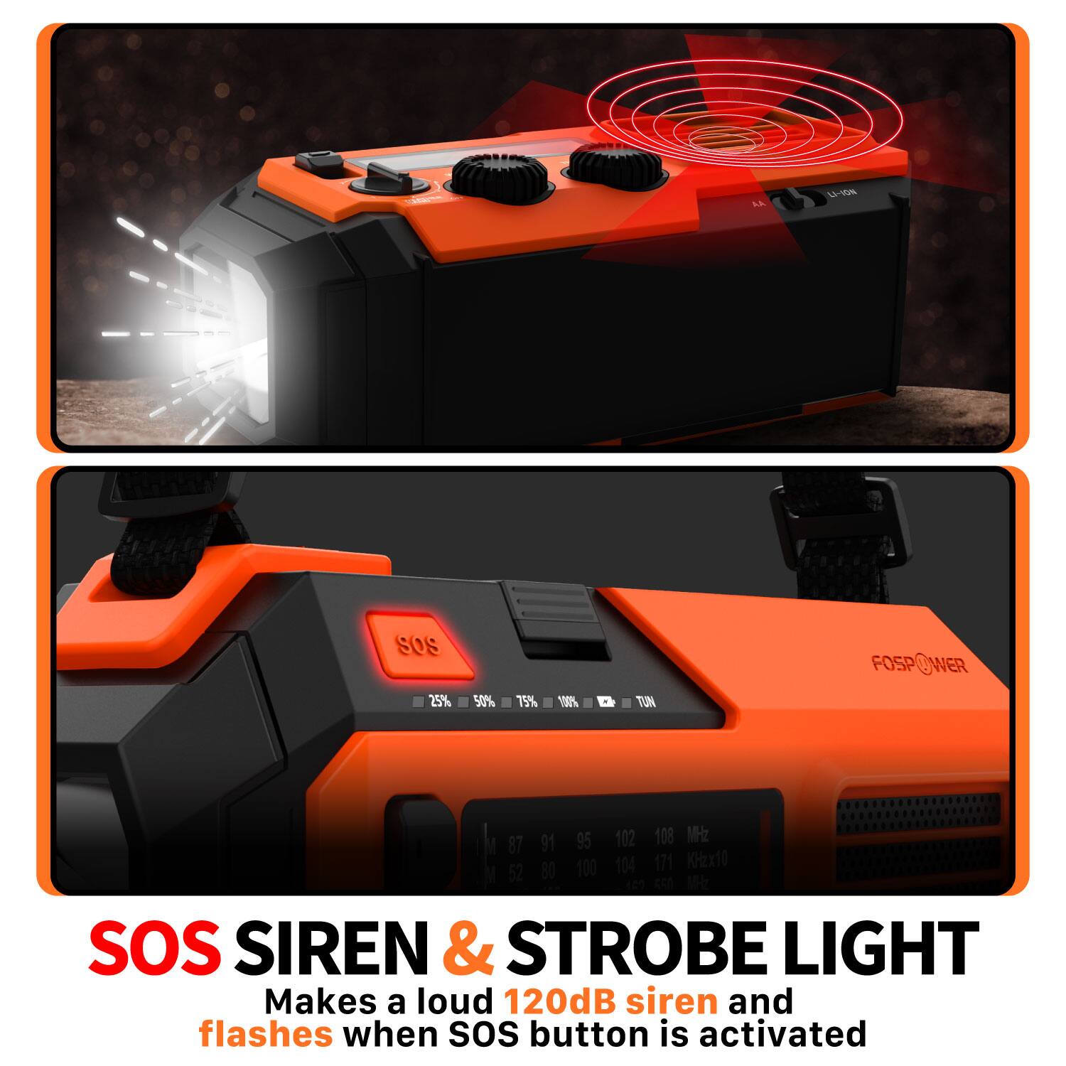 SOS SIREN & STROBE LIGHT Makes a loud 120dB siren and flashes when sos button is activated

AA LV SOS FOSPOWER 25% 50% 75% 100% TUN 91 95 102 108 117 124 131 138 145 152 159 166 173 180 187 194 201 208 KHz 10 I 52 80 87 94 104 111 118 125 132 139 146 153 160 167 174 181 188 195 202 209