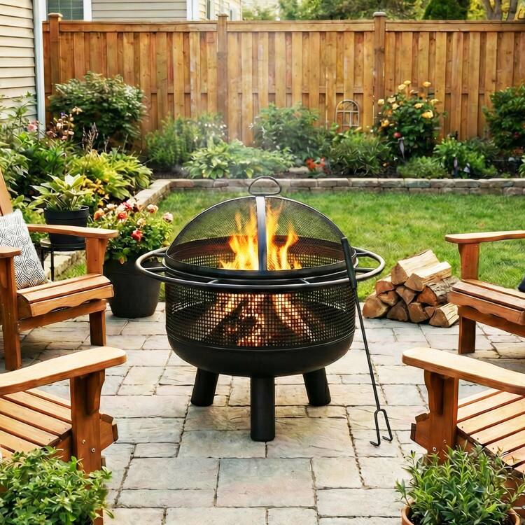 Angle. Mondawe - 24 Inch Wood Burning Fire Pit with Log Grate and  Mesh Screen for Outside - Black.