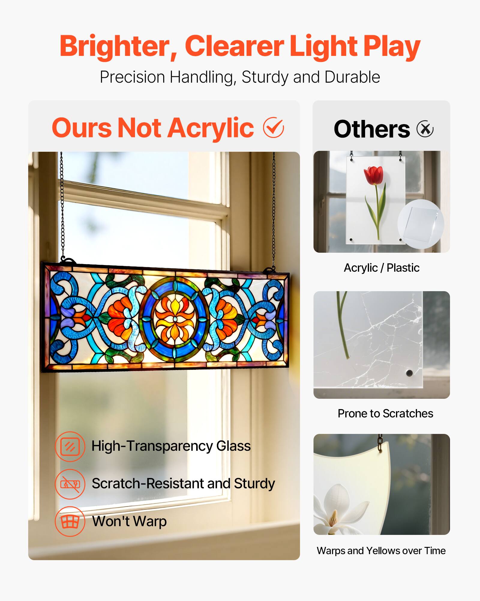 Brighter, Clearer Light Play  
Precision Handling, Sturdy and Durable  

Ours Not Acrylic  
High-Transparency Glass  
Scratch-Resistant and Sturdy  
Won't Warp  

Others  
Acrylic / Plastic  
Prone to Scratches  
Warps and Yellows over Time