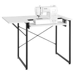 VEVOR - Sewing Table, Multipurpose Sewing Machine Table with Foldable Side Shelf, Adjustable Shelf, Steel Legs, Computer Desk - White MDF Tabletop + Black Steel Legs