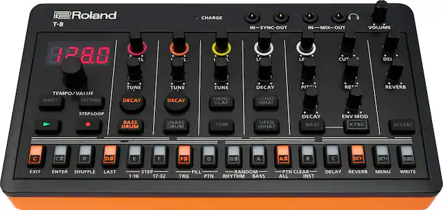 Roland T-8
CHARGE IN-SYNC-OUT IN-MIX-OUT VOLUME
1P8.0 EL LF CU DEI TEMPO/VALUE SHIFT PATTERN TUNE DECAY TUNE DECAY TUNE HAND CLAP DECAY CLOSED HIHAT PIT' RE REVERB STEP LOOP BASS DRUM SNARE DRUM M OPEN HIHAT DECAY BASS ENV MOD KYBD ACCENT
C# D D# E F F# G G# A A# C OCT- OCT+ SLIDE EXIT ENTER SHUFFLE LAST STEP 1-16 17-32 FILL RANDOM TRG PTN RHYTHM BASS PTN CLEAR ALL INST DELAY REVERB MENU WRITE
