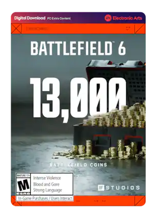 Digital Download PC Extra Content
Electronic Arts
BATTLEFIELD 6
13,000
BATTLEFIELD COINS
MATURE 17+
Intense Violence
Blood and Gore
Strong Language
In-Game Purchases / Users Interact
BF STUDIOS
SYSTEM TARGET
A/B 218