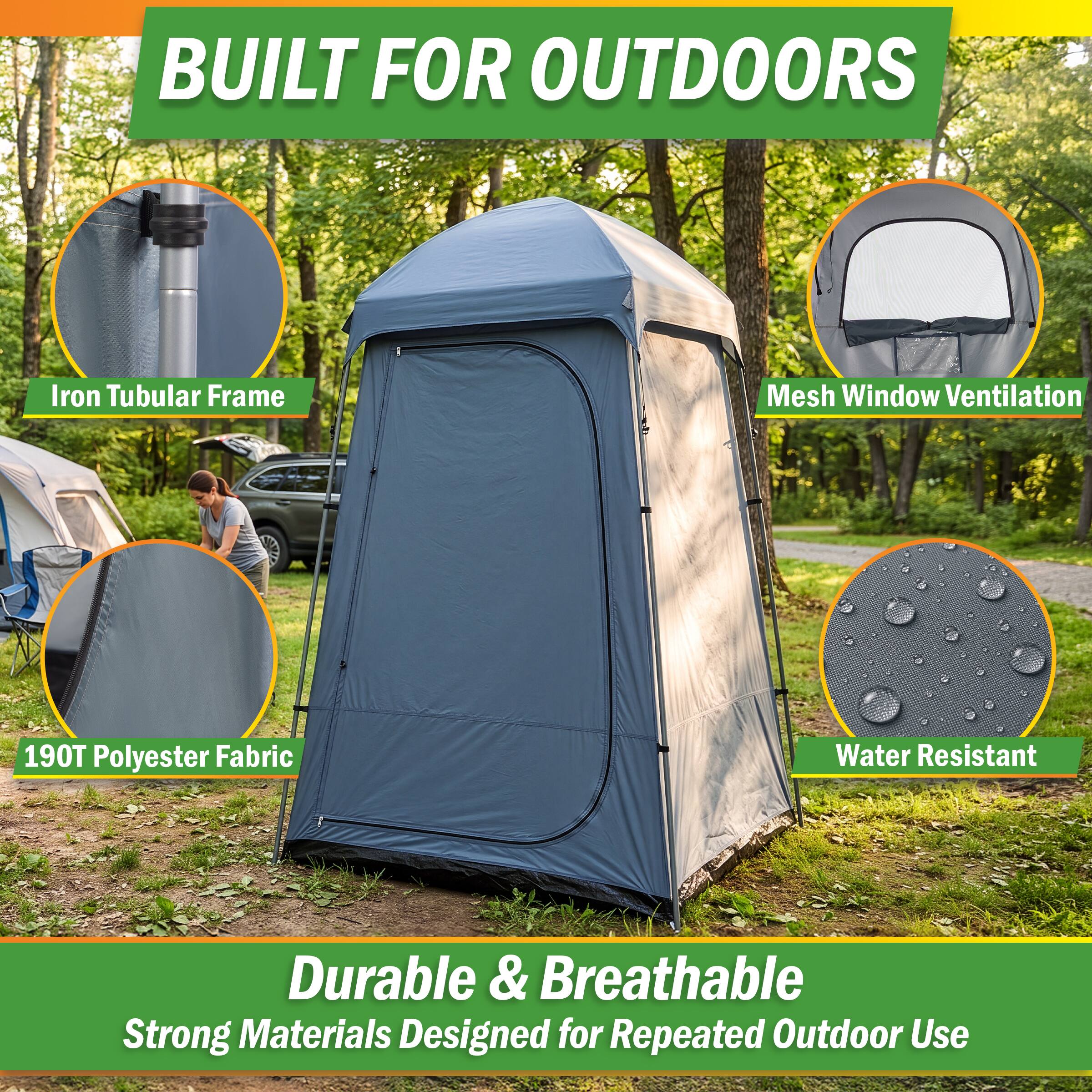 BUILT FOR OUTDOORS

- Iron Tubular Frame
- Mesh Window Ventilation
- 190T Polyester Fabric
- Water Resistant

Durable & Breathable
Strong Materials Designed for Repeated Outdoor Use