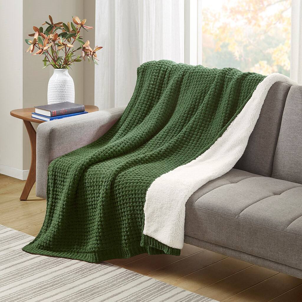 Alt View 1. Gracie Mills - Gracie Mills Dorian Waffle Weave Solid Chenille Throw - Green.