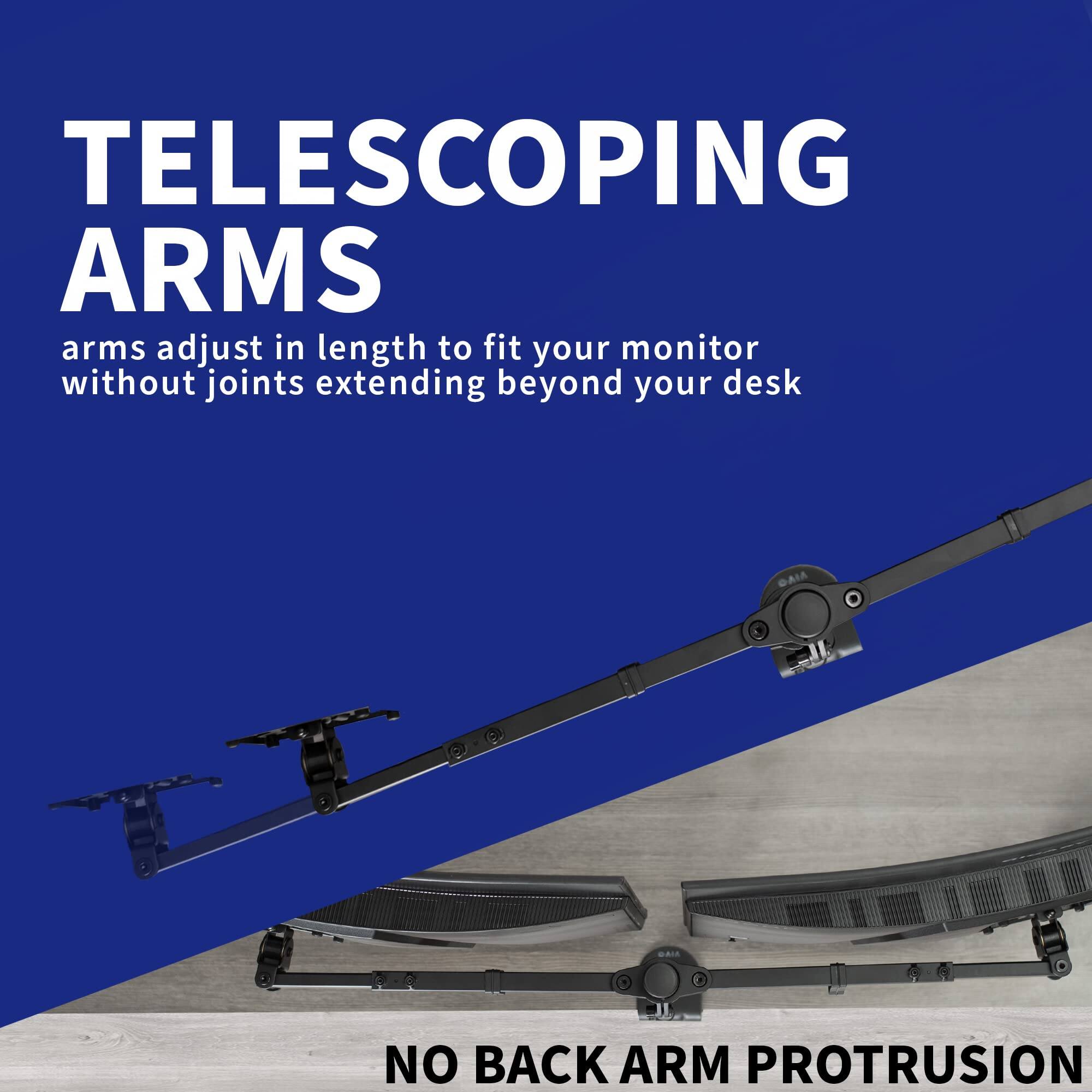 TELESCOPING ARMS  
arms adjust in length to fit your monitor without joints extending beyond your desk  

NO BACK ARM PROTRUSION