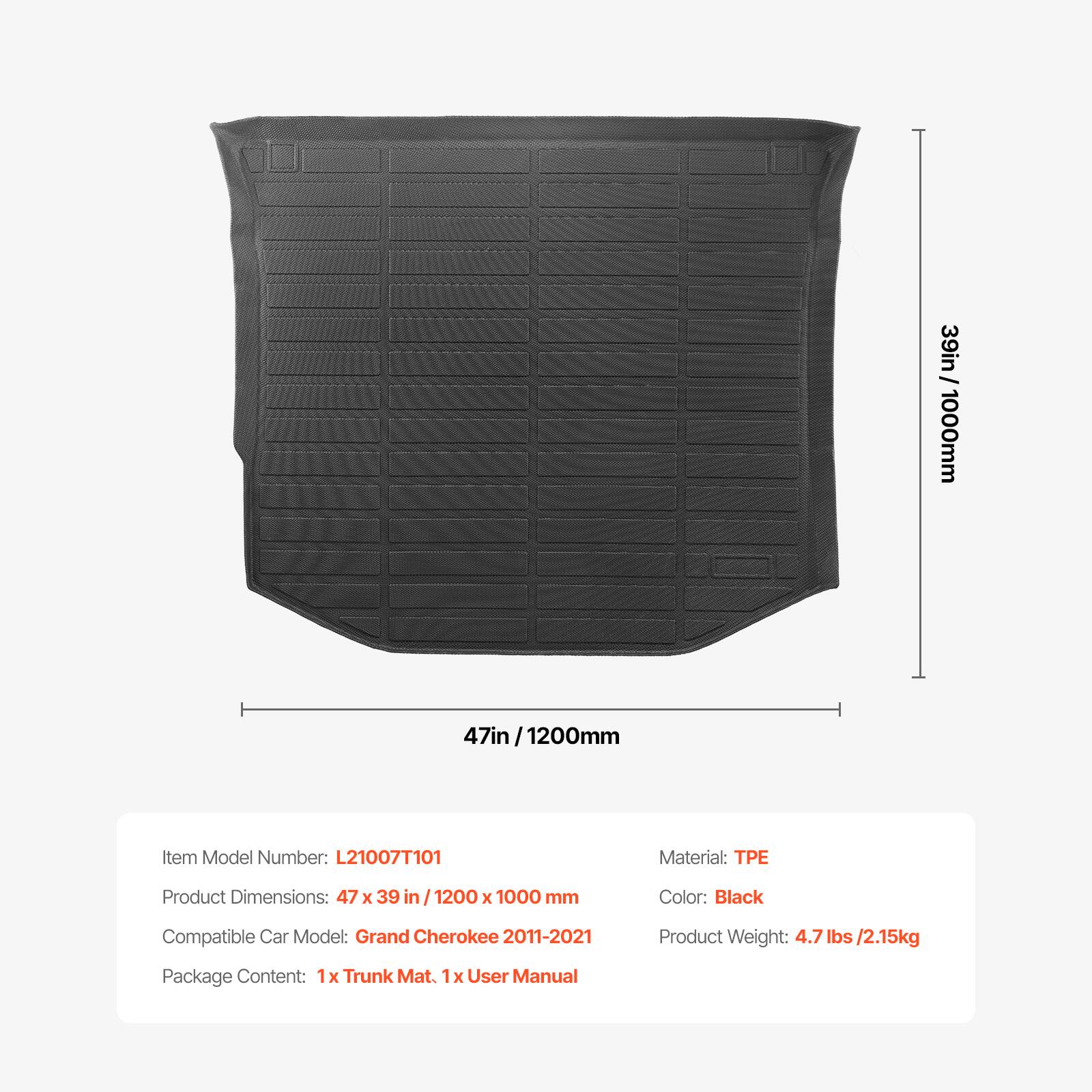 - Item Model Number: L21007T101
- Material: TPE
- Product Dimensions: 47 x 39 in / 1200 x 1000 mm
- Color: Black
- Compatible Car Model: Grand Cherokee 2011-2021
- Product Weight: 4.7 lbs / 2.15 kg
- Package Content: 1 x Trunk Mat, 1 x User Manual