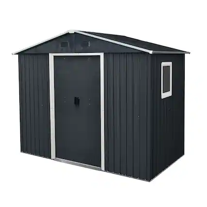 Front. Mondawe - 8 ft x 4 ft Outdoor Metal Storage Shed with Window and Metal Foundation - Black White.