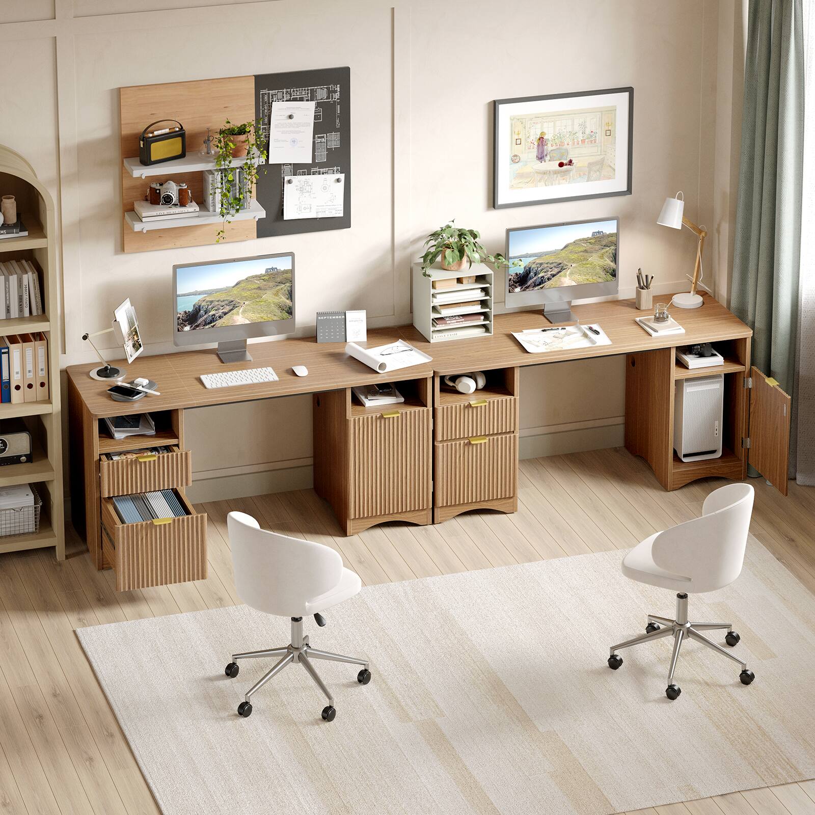 Alt View 3. Bestier - 59 inch Fluted Executive Office Desk with 2 Drawers and Storage Cabinet Modern Home Office Desk with Cable Management - Brown Oak.