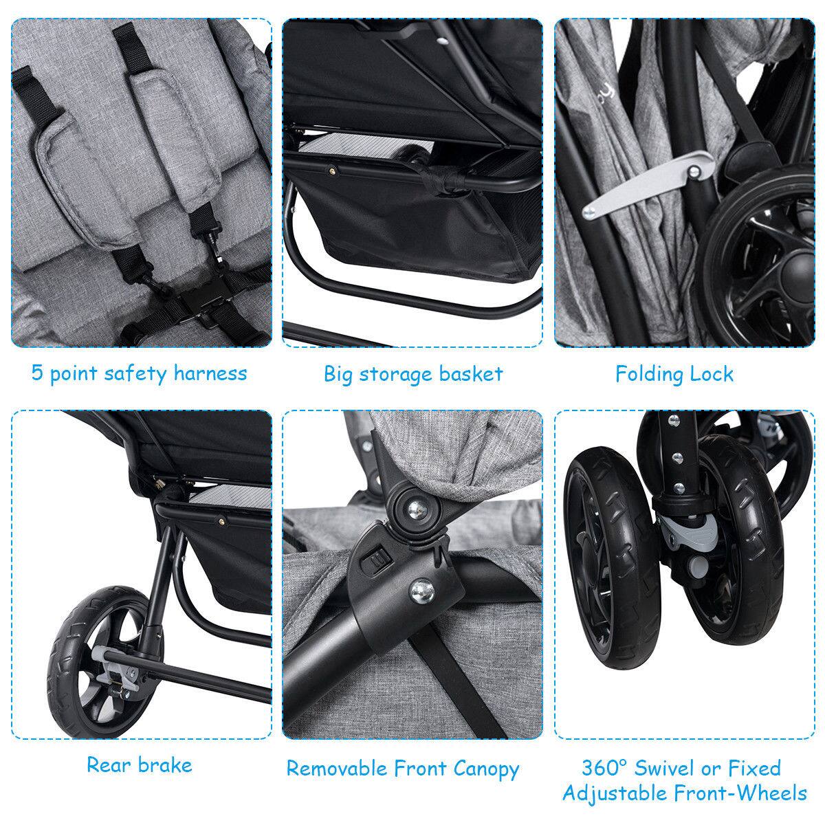5 point safety harness, Big storage basket, Folding Lock, Rear brake, Removable Front Canopy, 360° Swivel or Fixed Adjustable Front-Wheels