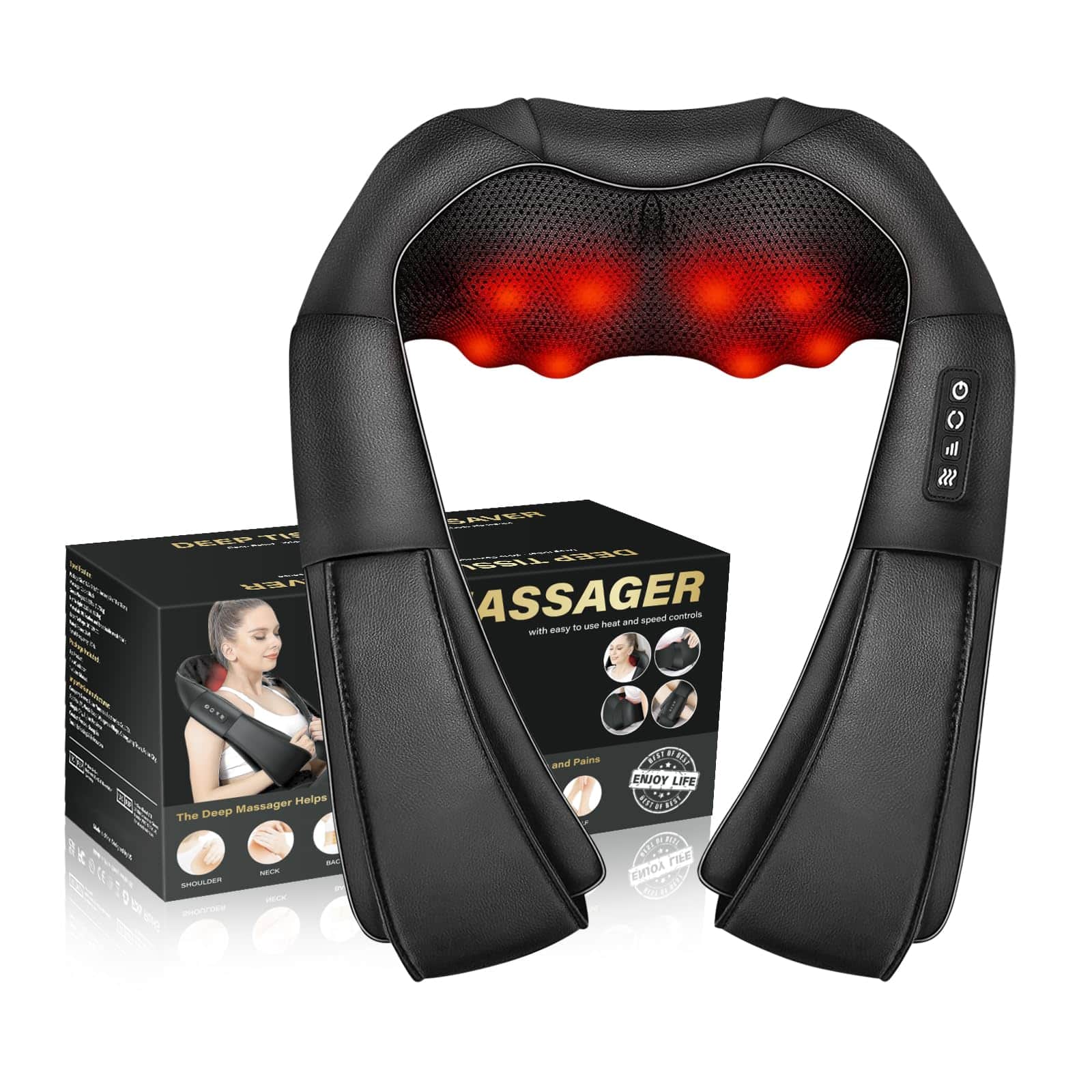 Live At Space - Shiatsu Neck & Shoulder Massager with Heat, 16 Deep-Knead Heads, 3D Pillow for Home Car Office Gift - 642146668739