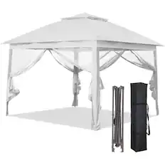 Front. Ainfox - Ainfox 11x11FT Pop Up Canopy Tent with Mesh Netting,Portable Carry Bag,Stakes & Ropes,Outdoor Gazebo - White.