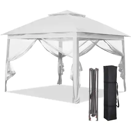Front. Ainfox - Ainfox 11x11FT Pop Up Canopy Tent with Mesh Netting,Portable Carry Bag,Stakes & Ropes,Outdoor Gazebo - White.