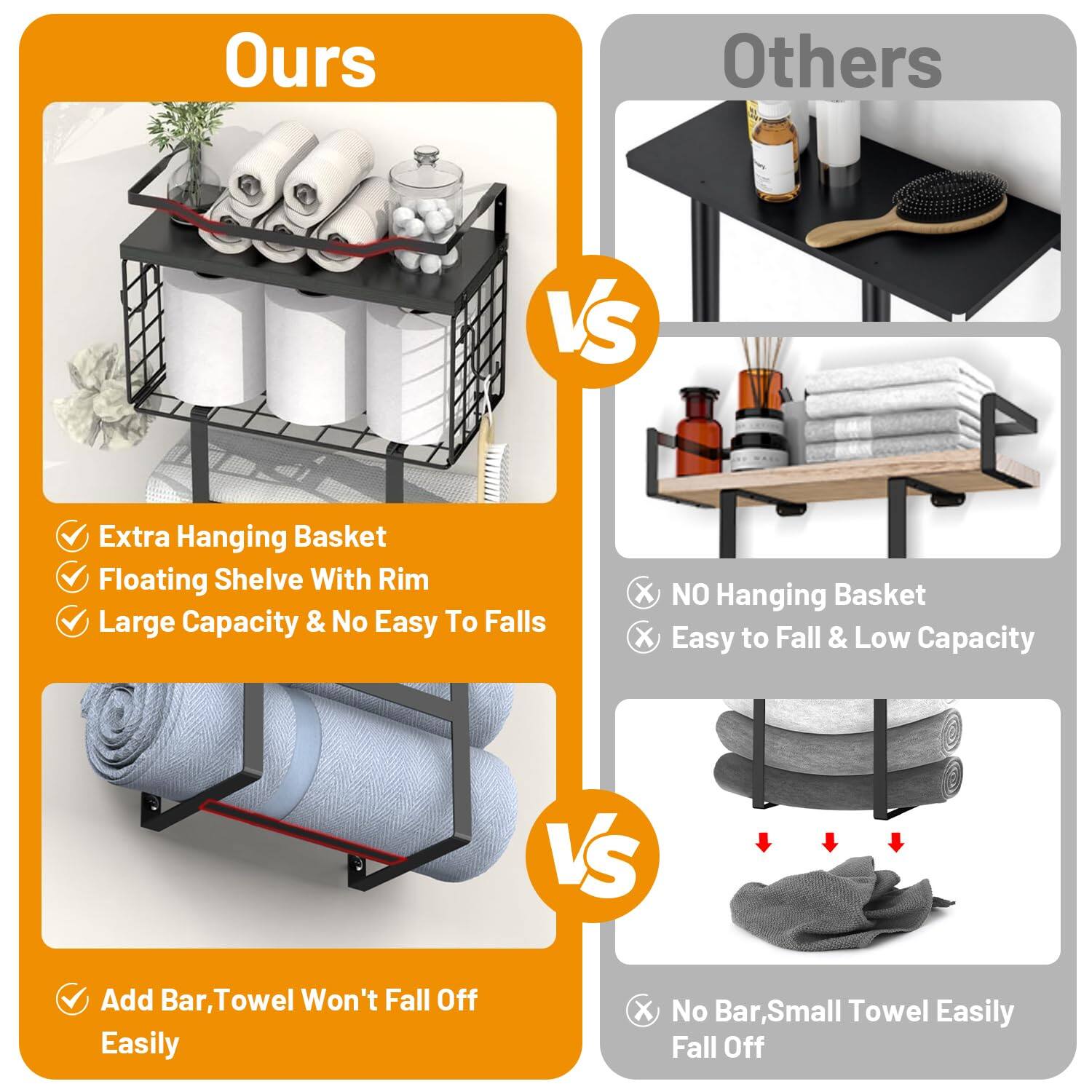 **Ours**

- Extra Hanging Basket
- Floating Shelf With Rim
- Large Capacity & No Easy To Falls
- Add Bar, Towel Won't Fall Off Easily

**Others**

- NO Hanging Basket
- Easy to Fall & Low Capacity
- No Bar, Small Towel Easily Fall Off