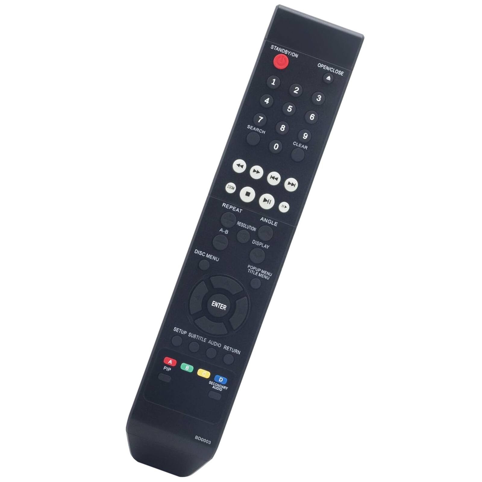 STANDBY/ON  
OPEN/CLOSE  

1 2 3  
4 5 6  
7 8 9  
SEARCH 0 CLEAR  

REPEAT  
IP  
RESOLUTION  
ANGLE  
A-B  
DISPLAY  
POPUP MENU  
TITLE MENU  

DISC MENU  
ENTER  

SETUP  
SUBTITLE  
AUDIO  
RETURN  

PIP  
A  
B  
C  
D  
SECONDARY AUDIO  

BD0003