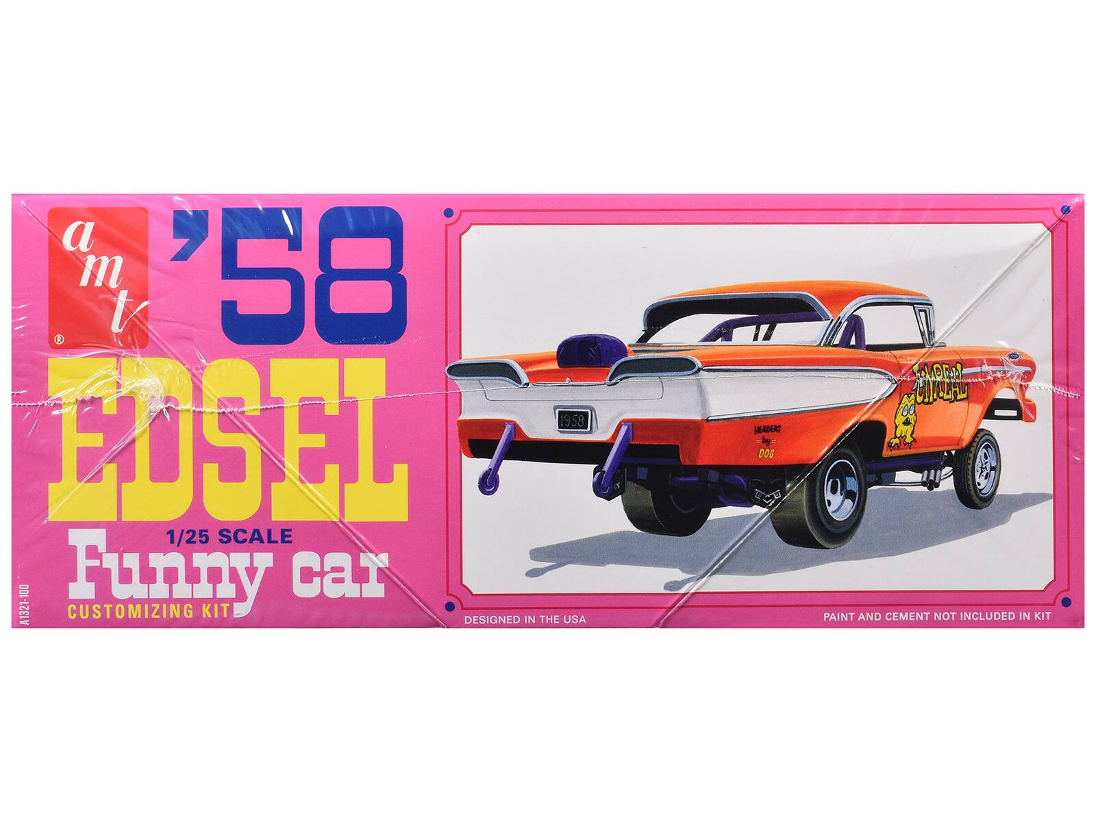 a "m t '58 1/25 SCALE EDSEL Funny car CUSTOMIZING KIT DESIGNED IN THE USA HEADERS by DOS OLOD C PAINT AND CEMENT NOT INCLUDED IN KIT