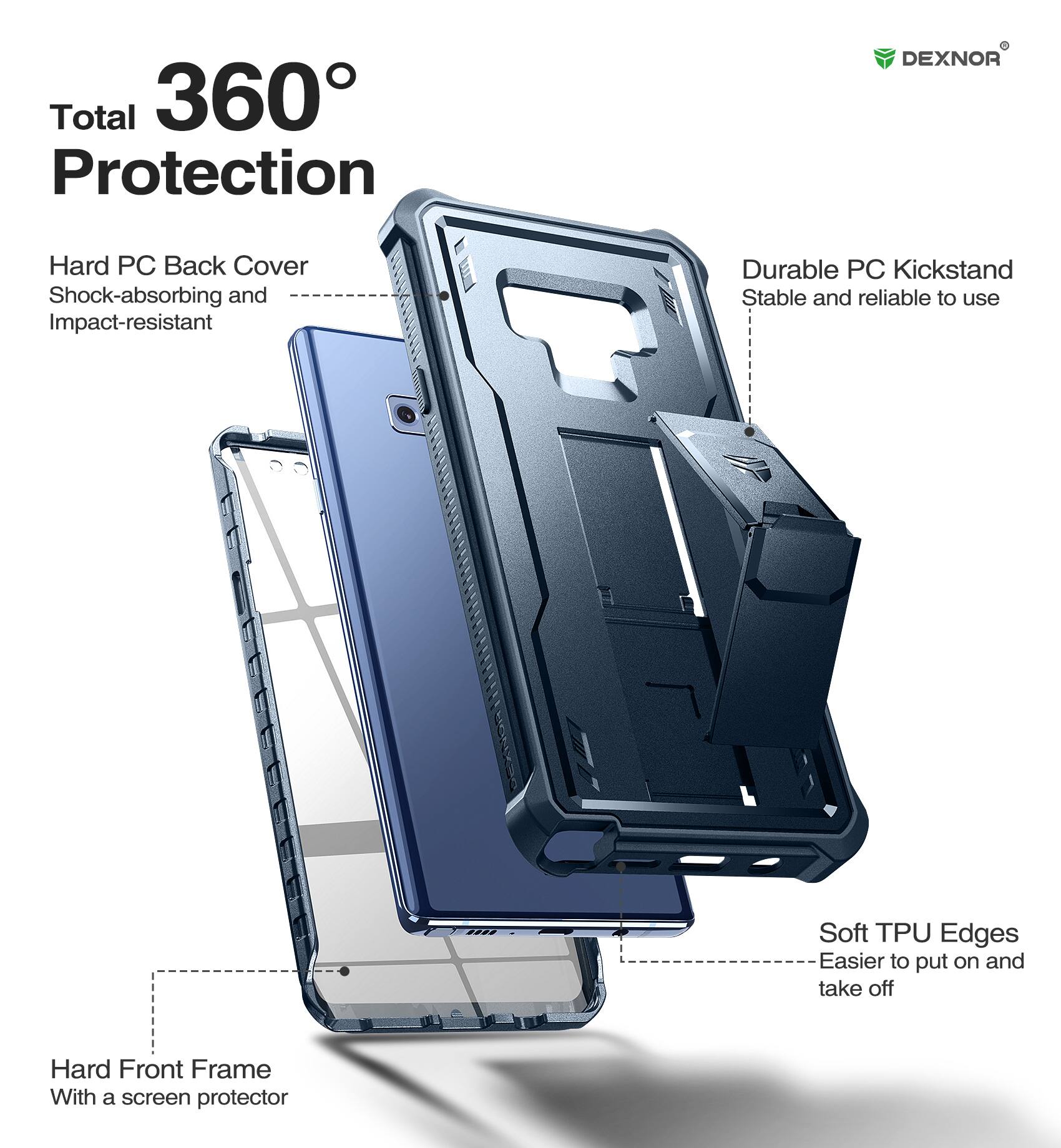Total 360° Protection

- Hard PC Back Cover
  - Shock-absorbing and Impact-resistant

- Durable PC Kickstand
  - Stable and reliable to use

- Soft TPU Edges
  - Easier to put on and take off

- Hard Front Frame
  - With a screen protector