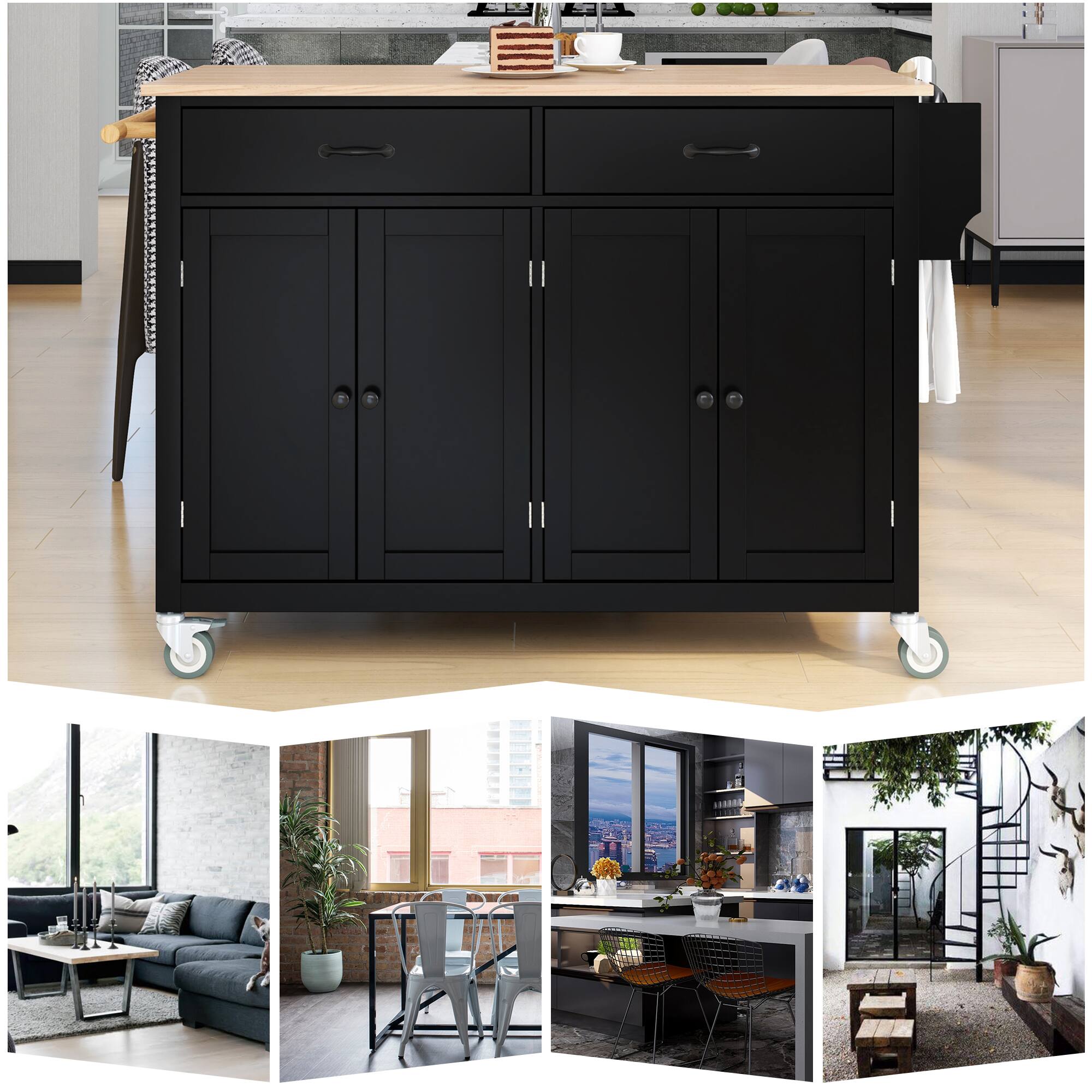 Alt View 3. Forest'nSky - 54.3" Kitchen Island Cart with Solid Wood Top – 4 Doors, 2 Drawers, Spice Rack & Towel Rack, Locking Wheels, Black - Black.