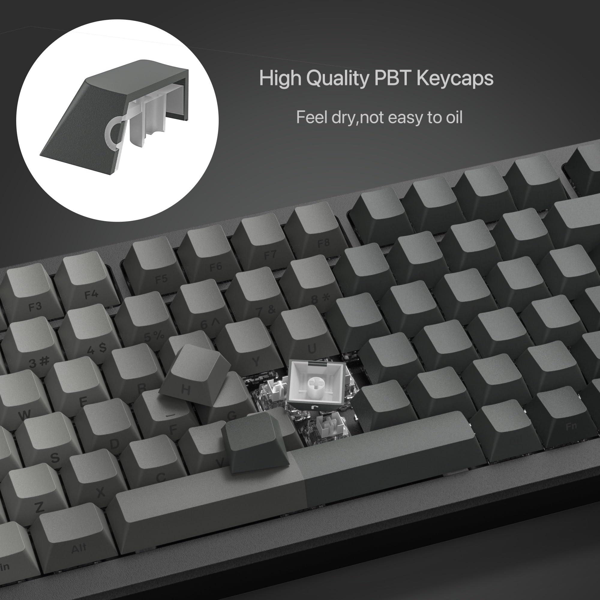 High Quality PBT Keycaps  
Feel dry, not easy to oil  

F3 3 #  
F4 4 $  
F5 5 %  
F6 6 ^  
F7 7 &  
F8 8 *  
U 2  
I 3  
O 0  
P 9  
[ {  
] }  
| :  
; ;  
' "  
" "  
Enter  
W S  
E D  
R F  
T G  
Y H  
U J  
I K  
O L  
P ;  
Alt
