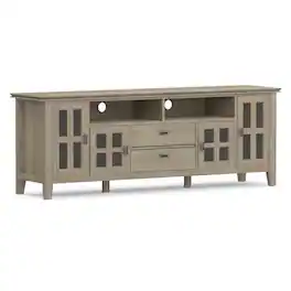 Simpli Home - Artisan 72W Low TV Stand with Drawers, Glass Doors and Cubbies - Distressed Gray
