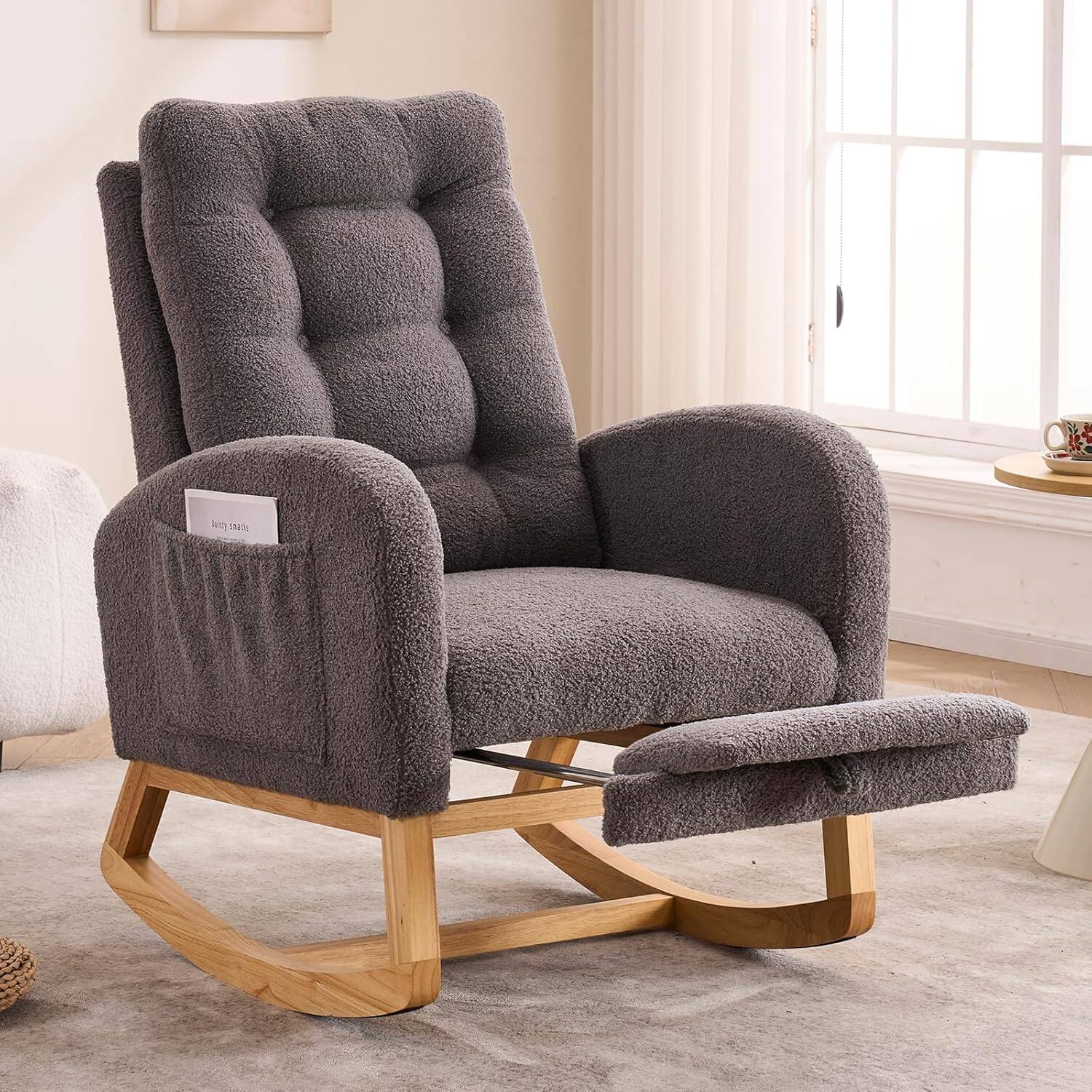Trinkets Crazed - Nursery Rocking Chair Upholstered Glider Chair with Footrest Tufted Rocker Recliner with Side Pocket - Grey Teddy