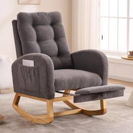 Trinkets Crazed - Nursery Rocking Chair Upholstered Glider Chair with Footrest Tufted Rocker Recliner with Side Pocket - Grey Teddy