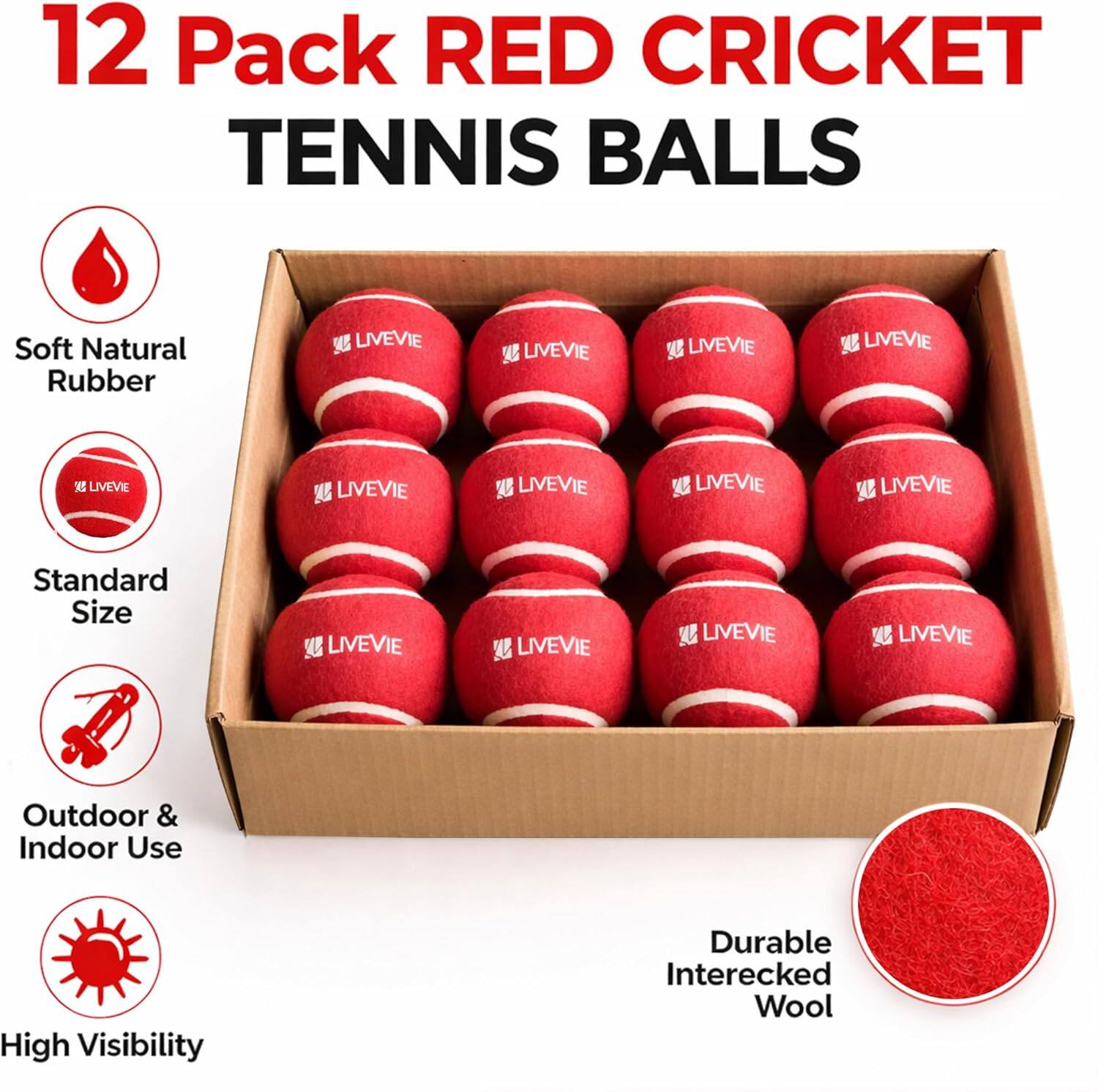 12 Pack RED CRICKET TENNIS BALLS

Soft Natural Rubber

Standard Size

Outdoor & Indoor Use

High Visibility

Durable Interwoven Wool